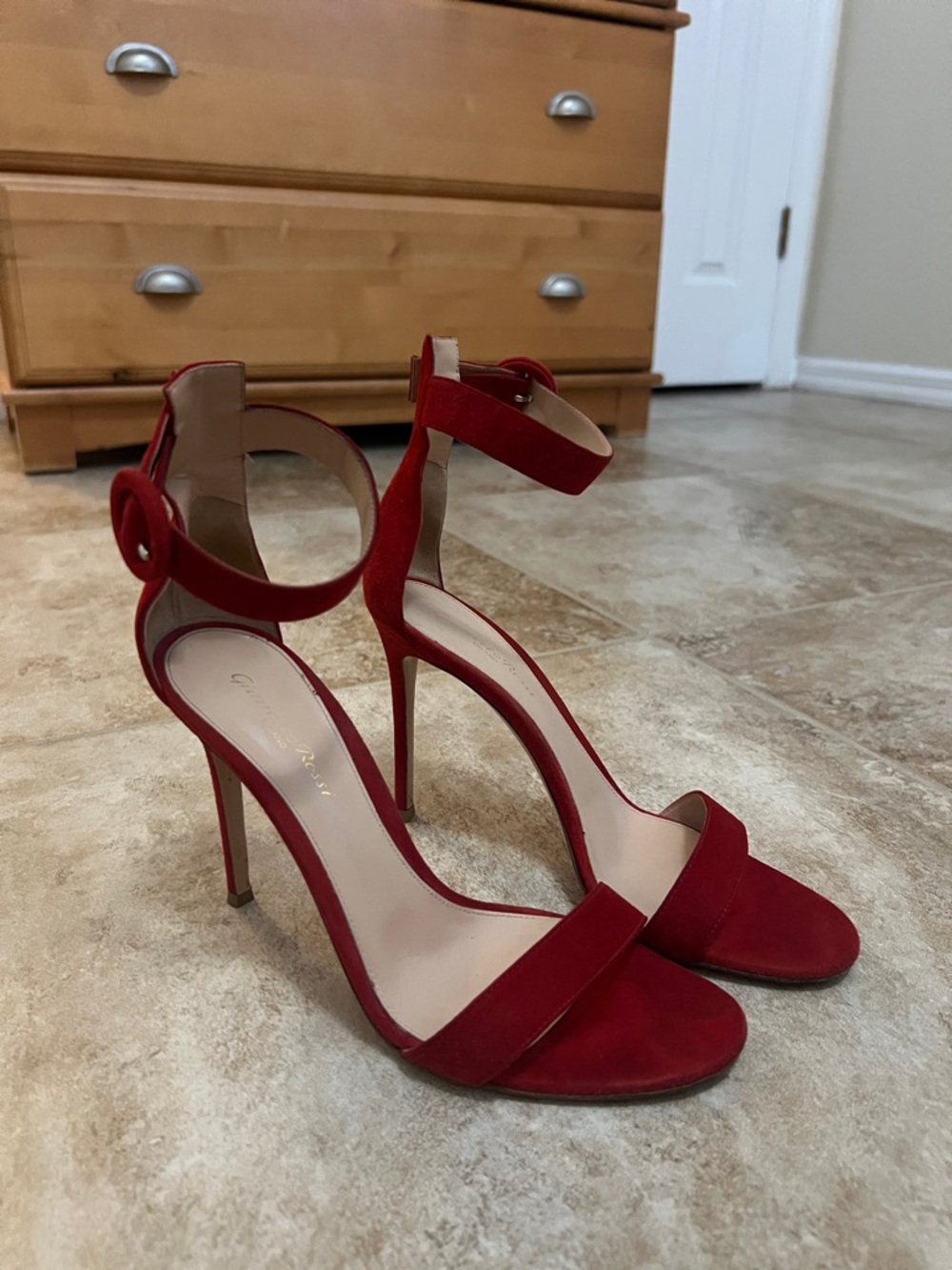 Gianvito Rossi Red Suede Ankle-Strap Stiletto Portofino Sandals